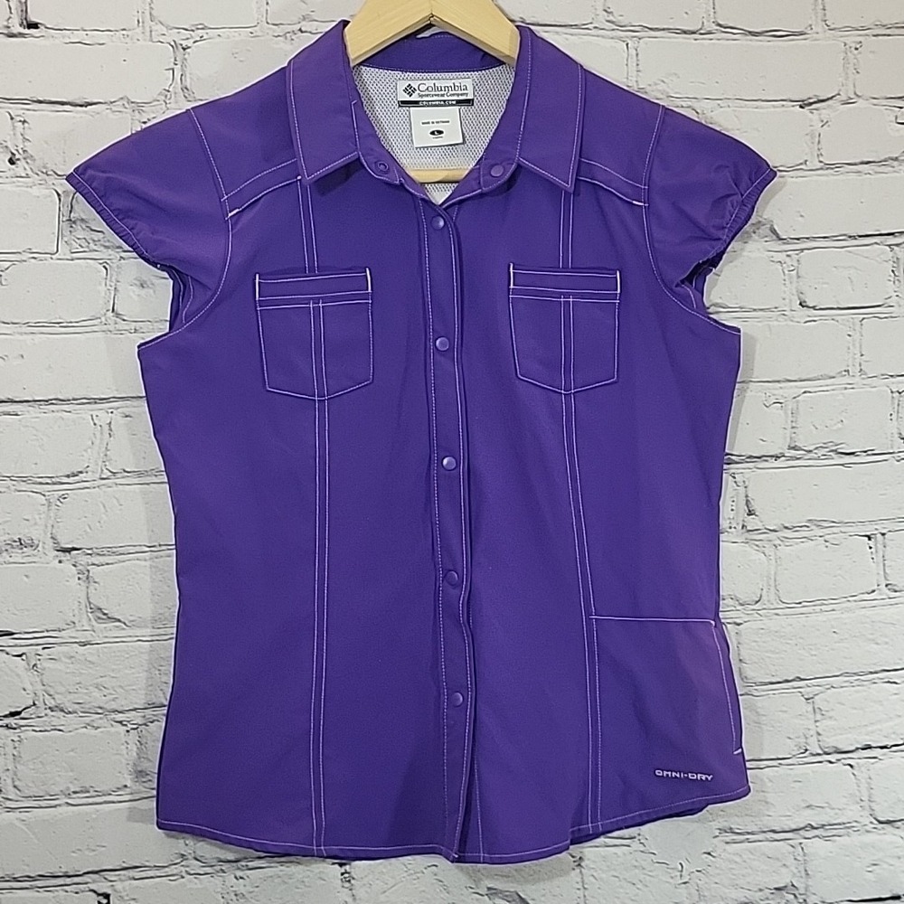 Columbia Omni-dry Purple Top Womens L Cap Sleeve Fishing Shirt FLAW